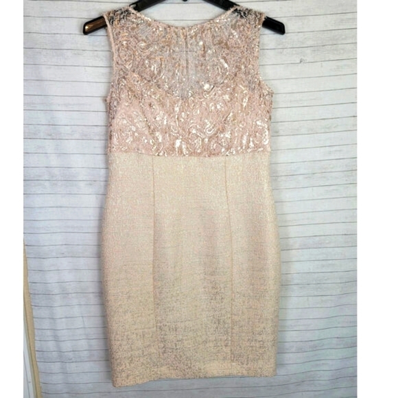 KAY UNGER CHAMPAGNE LACE SEQUIN DETAIL SHEATH DRESS, SZ 12 - Picture 1 of 14